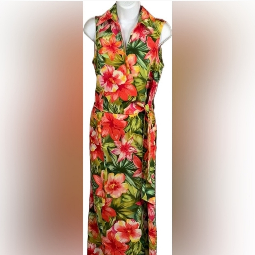 Sag Harbor 14 Dress Sleeveless Hawaiian Tropical Print Wrap Style Maxi Long EUC